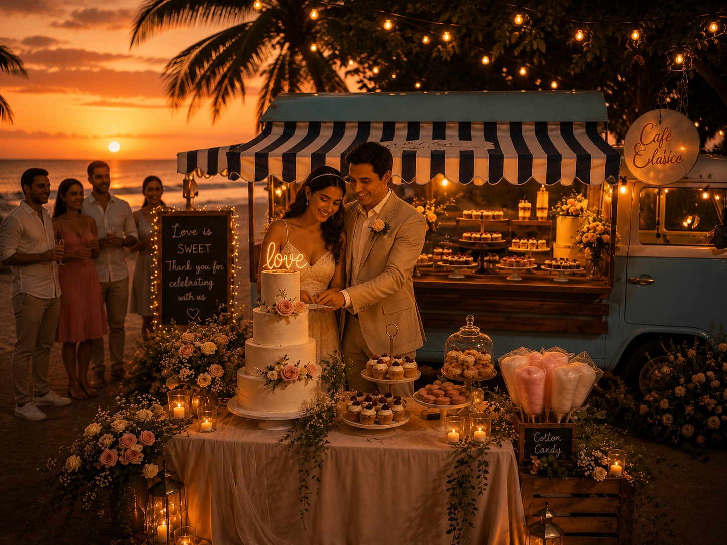 Bride and groom cutting their wedding cake beside the Costa Clásica Combi at sunset