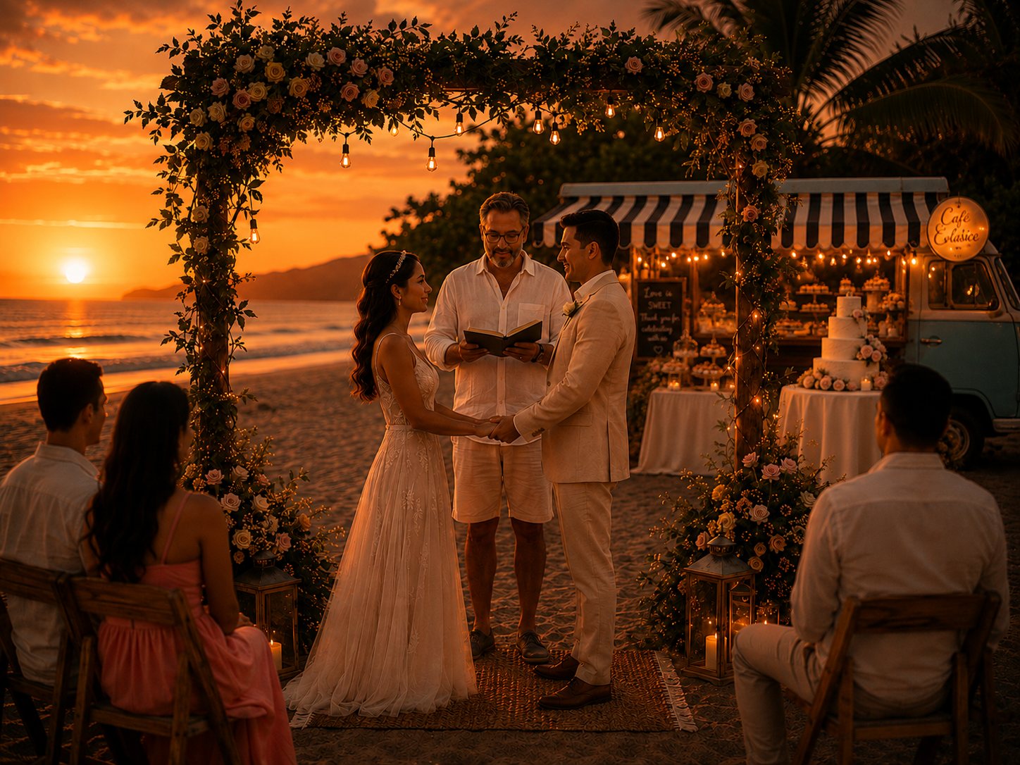 Symbolic wedding ceremony beside the Costa Clásica Combi at sunset