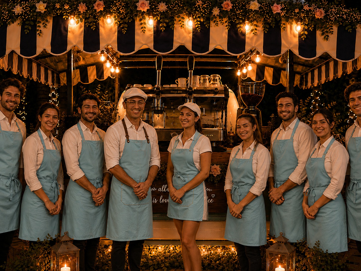 Event service staff at a decorated coffee station