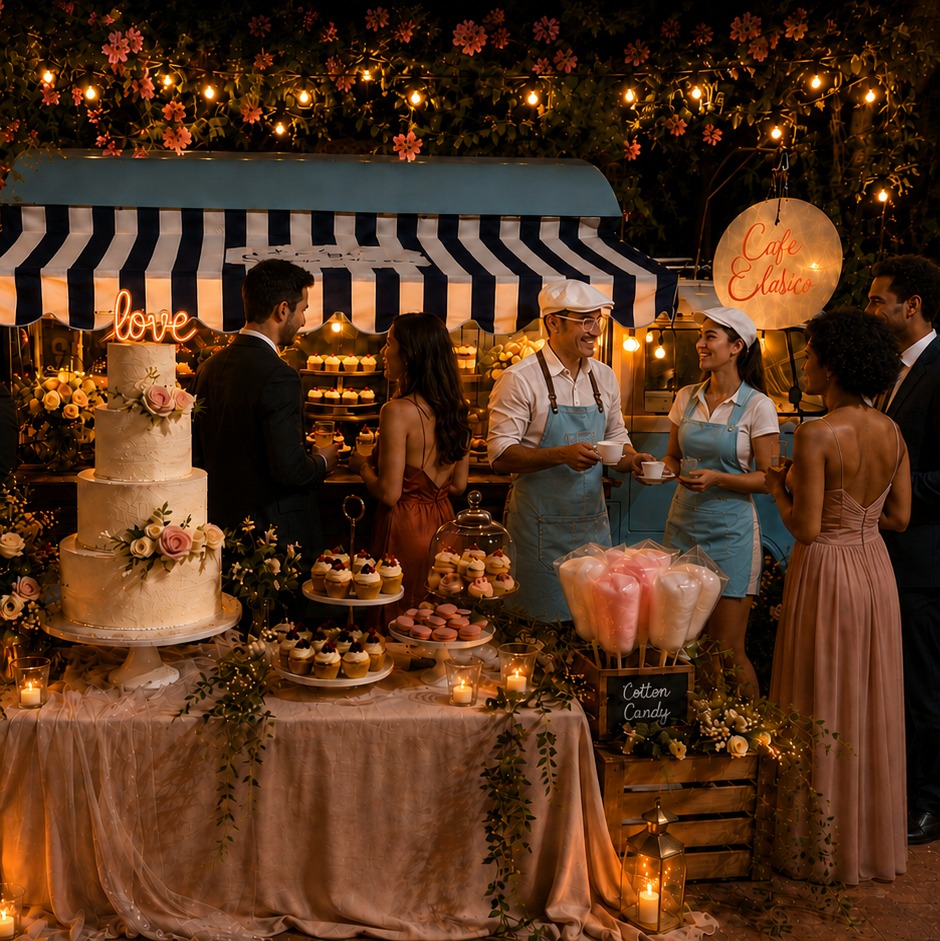 Guests and event staff gathered around the Costa Clásica Combi dessert display