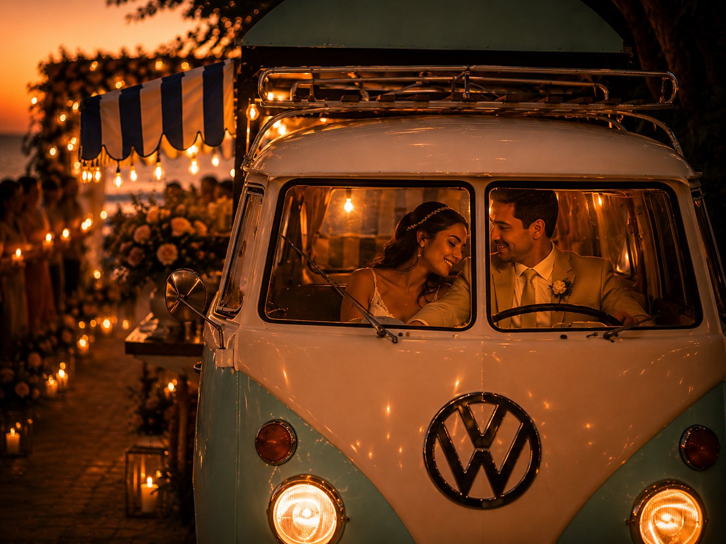 Restored Volkswagen Combi styled for a coastal wedding at golden hour