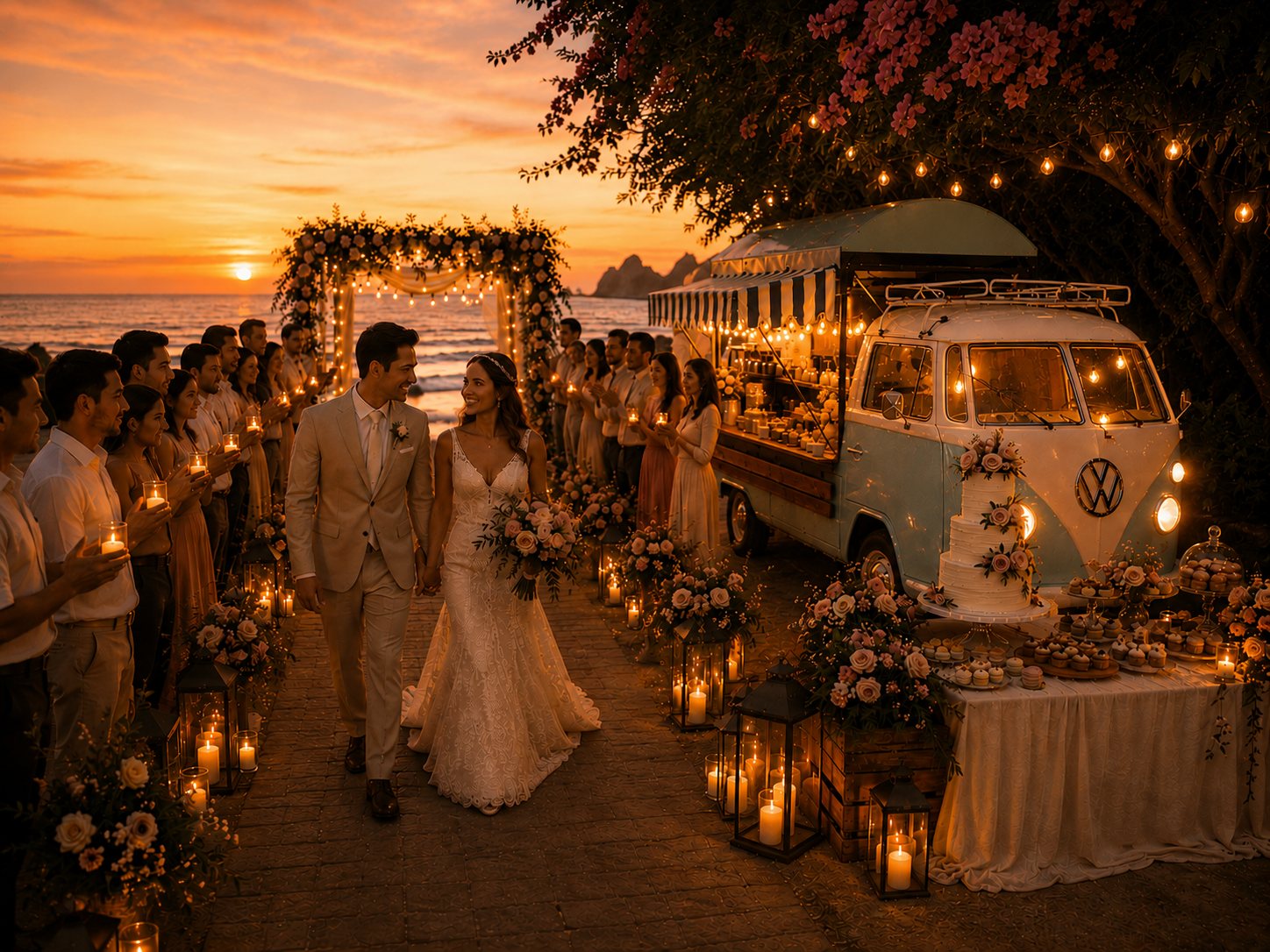 Candlelit seaside wedding procession with event support